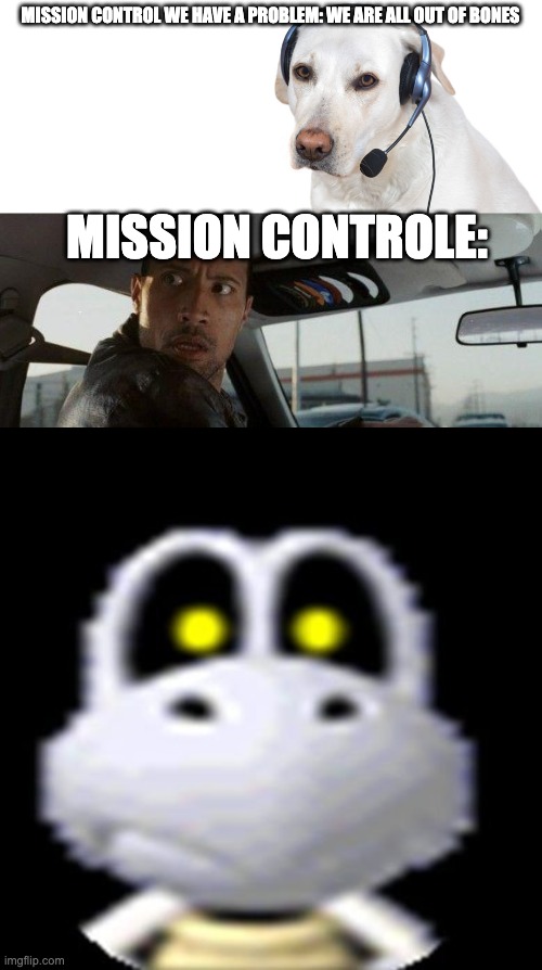 well technicaly we still do have some | MISSION CONTROL WE HAVE A PROBLEM: WE ARE ALL OUT OF BONES; MISSION CONTROLE: | image tagged in dogonphone,memes,dry bones | made w/ Imgflip meme maker