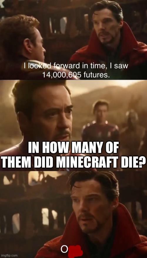 Technobla— Minecraft never dies! | IN HOW MANY OF THEM DID MINECRAFT DIE? | image tagged in dr strange s futures | made w/ Imgflip meme maker