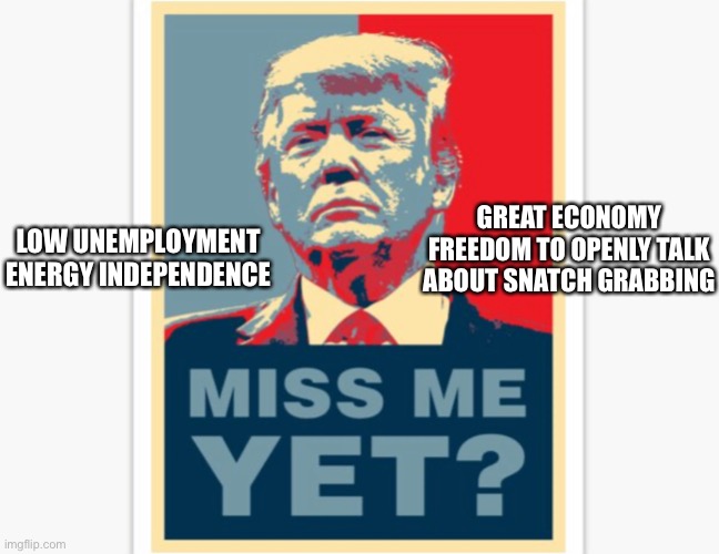Miss me yet? | GREAT ECONOMY
FREEDOM TO OPENLY TALK ABOUT SNATCH GRABBING; LOW UNEMPLOYMENT
ENERGY INDEPENDENCE | image tagged in trump,donald trump | made w/ Imgflip meme maker