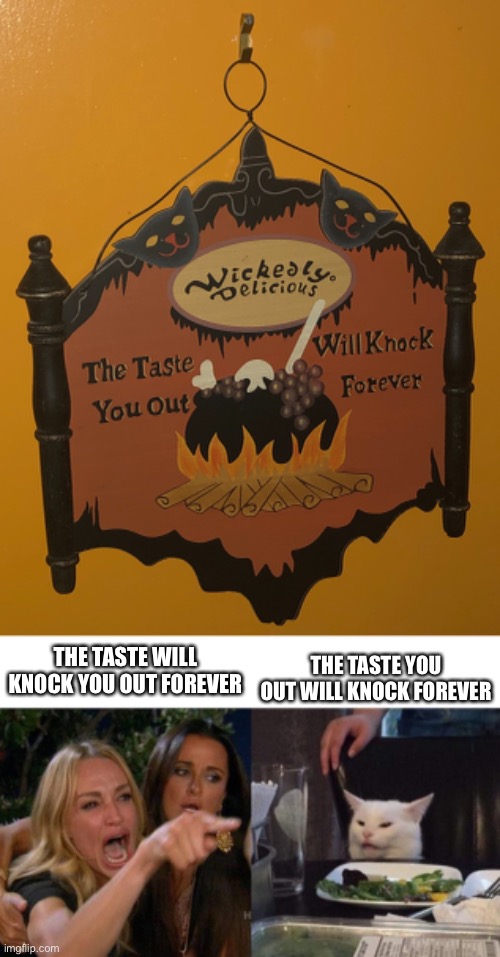 THE TASTE WILL KNOCK YOU OUT FOREVER; THE TASTE YOU OUT WILL KNOCK FOREVER | image tagged in memes,woman yelling at cat | made w/ Imgflip meme maker