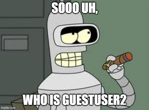 Bender | SOOO UH, WHO IS GUESTUSER2 | image tagged in bender | made w/ Imgflip meme maker