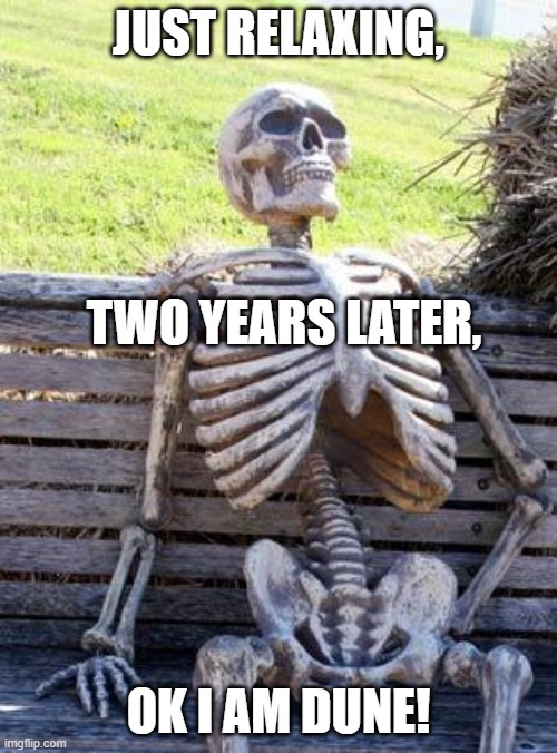 Waiting Skeleton | JUST RELAXING, TWO YEARS LATER, OK I AM DUNE! | image tagged in memes,waiting skeleton | made w/ Imgflip meme maker