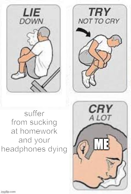 1: M O O D . 2: my headphones actually just died, now i can't calm down 3: i actually suck at homework xd | suffer from sucking at homework and your headphones dying; ME | image tagged in try not to cry | made w/ Imgflip meme maker