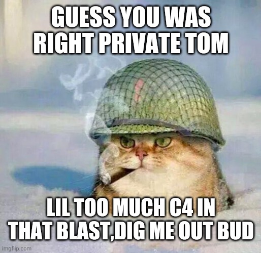 War Cat |  GUESS YOU WAS RIGHT PRIVATE TOM; LIL TOO MUCH C4 IN THAT BLAST,DIG ME OUT BUD | image tagged in war cat | made w/ Imgflip meme maker