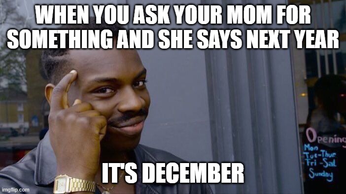 Roll Safe Think About It | WHEN YOU ASK YOUR MOM FOR SOMETHING AND SHE SAYS NEXT YEAR; IT'S DECEMBER | image tagged in memes,roll safe think about it | made w/ Imgflip meme maker