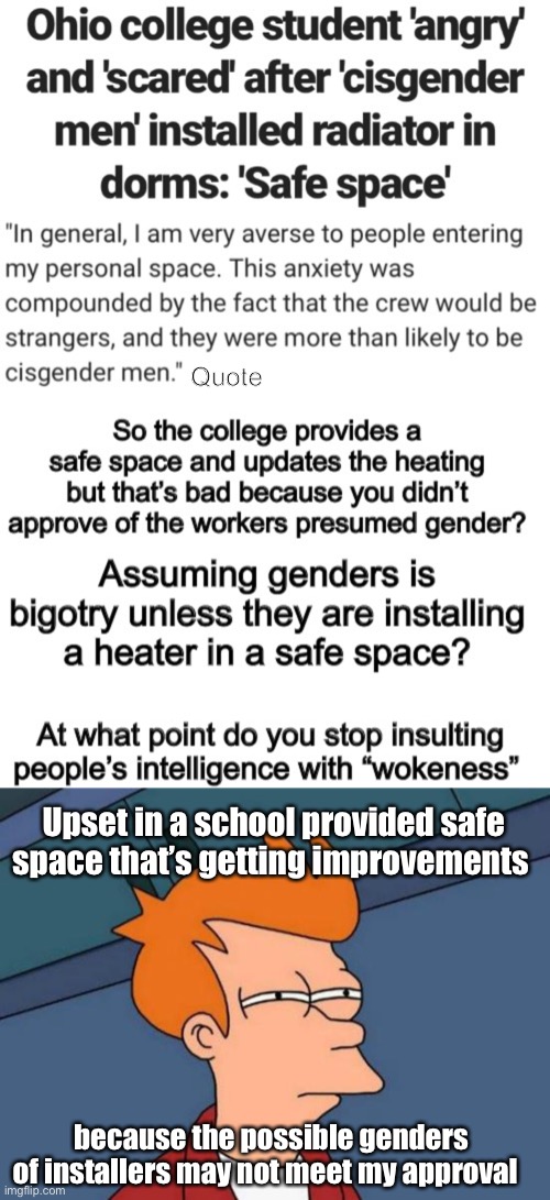 Is this normal, or am I wrong | Quote; Upset in a school provided safe space that’s getting improvements; because the possible genders of installers may not meet my approval | image tagged in memes,futurama fry,politics lol | made w/ Imgflip meme maker