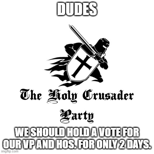 Holy Crusader Party | DUDES; WE SHOULD HOLD A VOTE FOR OUR VP AND HOS. FOR ONLY 2 DAYS. | image tagged in holy crusader party | made w/ Imgflip meme maker