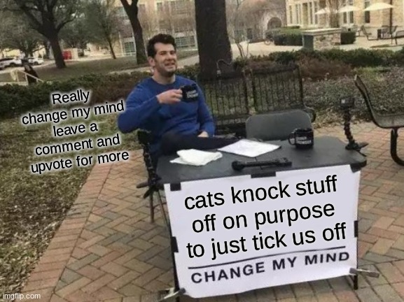 Change My Mind | Really change my mind leave a comment and upvote for more; cats knock stuff off on purpose to just tick us off | image tagged in memes,change my mind | made w/ Imgflip meme maker