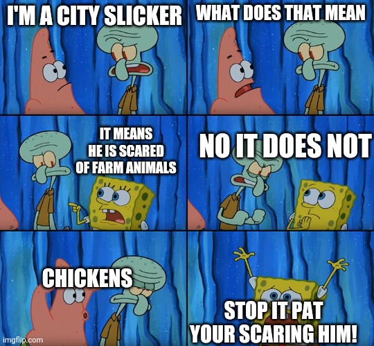 I'm country | I'M A CITY SLICKER; WHAT DOES THAT MEAN; IT MEANS HE IS SCARED OF FARM ANIMALS; NO IT DOES NOT; CHICKENS; STOP IT PAT YOUR SCARING HIM! | image tagged in stop it patrick you're scaring him | made w/ Imgflip meme maker