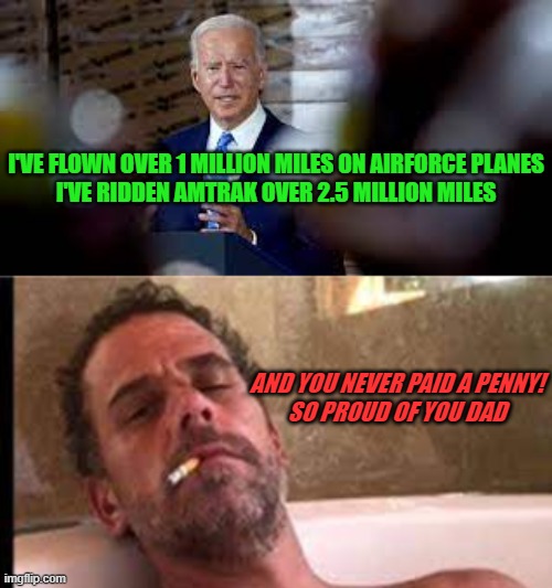 Biden a Traveling | I'VE FLOWN OVER 1 MILLION MILES ON AIRFORCE PLANES
I'VE RIDDEN AMTRAK OVER 2.5 MILLION MILES; AND YOU NEVER PAID A PENNY!
SO PROUD OF YOU DAD | image tagged in biden | made w/ Imgflip meme maker