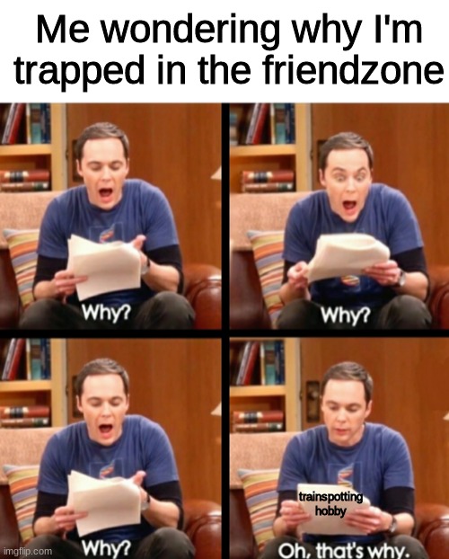 its because of this h o b b y | Me wondering why I'm trapped in the friendzone; trainspotting hobby | image tagged in why why why oh that's why,friendzoned,sad,not funny | made w/ Imgflip meme maker