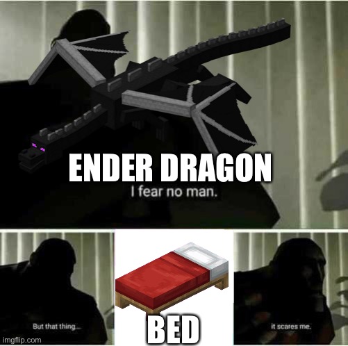 But that bed… It SCARES me | ENDER DRAGON; BED | image tagged in i fear no man,minecraft,gaming,memes | made w/ Imgflip meme maker