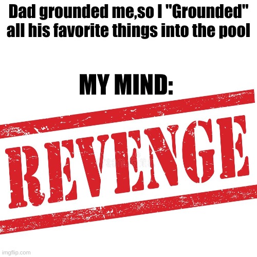 reveng | Dad grounded me,so I "Grounded" all his favorite things into the pool; MY MIND: | image tagged in revenge,reveng | made w/ Imgflip meme maker