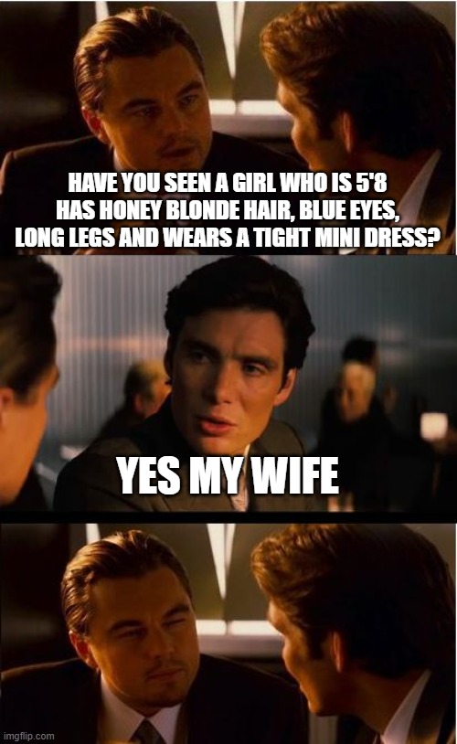 Talk about your description | HAVE YOU SEEN A GIRL WHO IS 5'8 HAS HONEY BLONDE HAIR, BLUE EYES, LONG LEGS AND WEARS A TIGHT MINI DRESS? YES MY WIFE | image tagged in memes,inception,joke | made w/ Imgflip meme maker