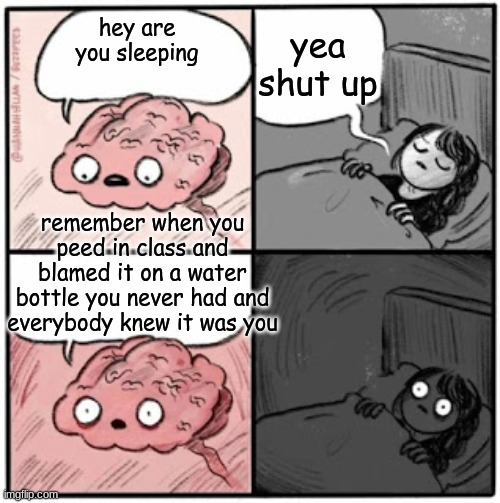 Brain Before Sleep | yea shut up; hey are you sleeping; remember when you peed in class and blamed it on a water bottle you never had and everybody knew it was you | image tagged in brain before sleep | made w/ Imgflip meme maker