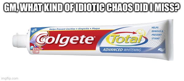 Colgete | GM, WHAT KIND OF IDIOTIC CHAOS DID I MISS? | image tagged in colgete | made w/ Imgflip meme maker