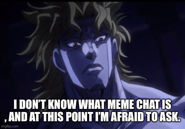 Pls tell me | I DON’T KNOW WHAT MEME CHAT IS , AND AT THIS POINT I’M AFRAID TO ASK. | image tagged in dio brando,jojo's bizarre adventure,jojo meme | made w/ Imgflip meme maker