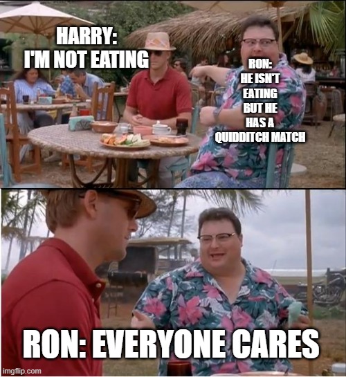 HaRrY PoTtAH | RON: HE ISN'T EATING BUT HE HAS A QUIDDITCH MATCH; HARRY: I'M NOT EATING; RON: EVERYONE CARES | image tagged in memes,see nobody cares | made w/ Imgflip meme maker