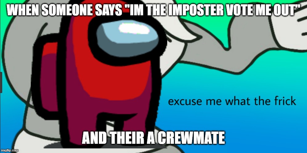 sus | WHEN SOMEONE SAYS "IM THE IMPOSTER VOTE ME OUT"; AND THEIR A CREWMATE | image tagged in excuse me what the frick | made w/ Imgflip meme maker