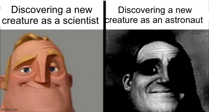 Creature finding | Discovering a new creature as a scientist; Discovering a new creature as an astronaut | image tagged in incredibles bob | made w/ Imgflip meme maker