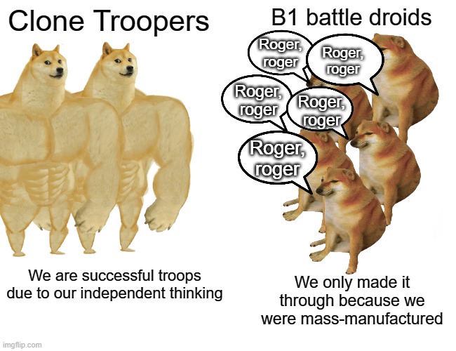 Get rekt clankas | B1 battle droids; Clone Troopers; Roger, roger; Roger, roger; Roger, roger; Roger, roger; Roger, roger; We are successful troops due to our independent thinking; We only made it through because we were mass-manufactured | image tagged in memes,buff doge vs cheems | made w/ Imgflip meme maker