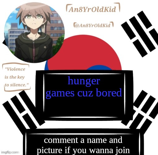 Credit to Cheesecaketherat | hunger games cuz bored; comment a name and picture if you wanna join | image tagged in credit to cheesecaketherat | made w/ Imgflip meme maker