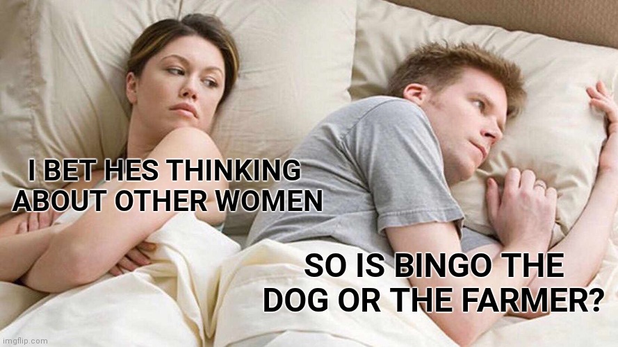 I Bet He's Thinking About Other Women | I BET HES THINKING 
ABOUT OTHER WOMEN; SO IS BINGO THE DOG OR THE FARMER? | image tagged in memes,i bet he's thinking about other women | made w/ Imgflip meme maker