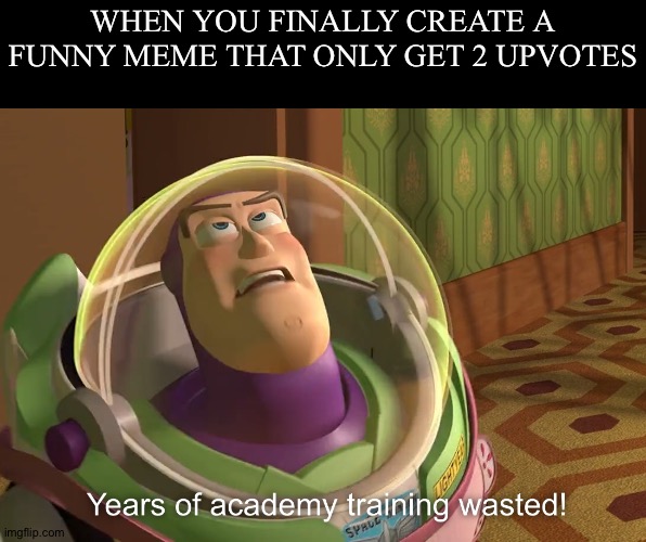 Years of hardcore planing wasted |  WHEN YOU FINALLY CREATE A FUNNY MEME THAT ONLY GET 2 UPVOTES | image tagged in years of academy training wasted | made w/ Imgflip meme maker