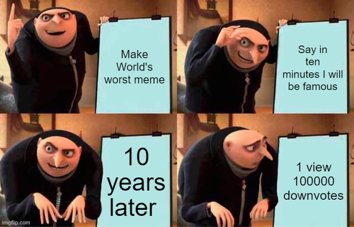 ten years of waiting for nothing | Make World's worst meme; Say in ten minutes I will be famous; 10 years later; 1 view 100000 downvotes | image tagged in memes,gru's plan | made w/ Imgflip meme maker