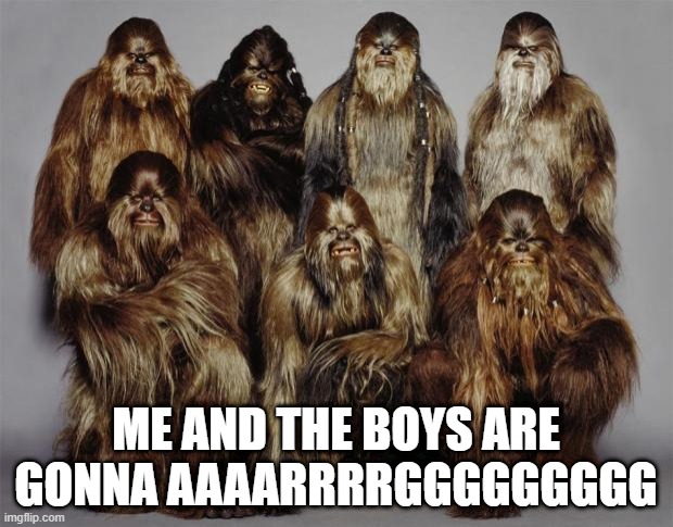 Cry Wookie | ME AND THE BOYS ARE GONNA AAAARRRRGGGGGGGGG | image tagged in wookies star wars forest world problems | made w/ Imgflip meme maker