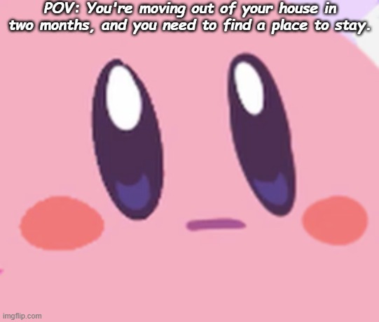 idk lol. romance RP. can be a group RP too if prefurred | POV: You're moving out of your house in two months, and you need to find a place to stay. | image tagged in blank kirby face | made w/ Imgflip meme maker