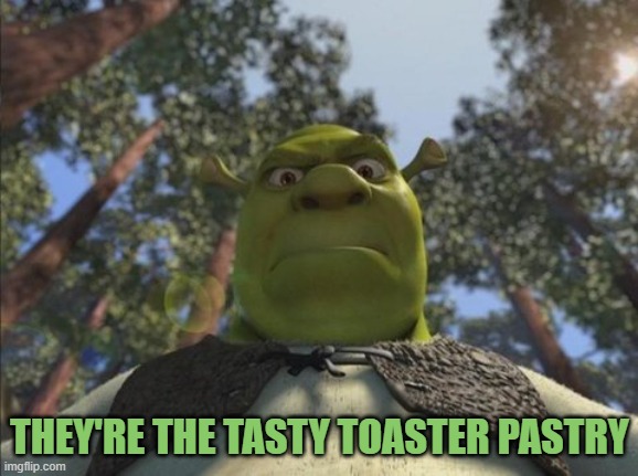Swampy angry shrek | THEY'RE THE TASTY TOASTER PASTRY | image tagged in swampy angry shrek | made w/ Imgflip meme maker