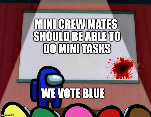 Among us | MINI CREW MATES 
SHOULD BE ABLE TO
DO MINI TASKS; WE VOTE BLUE | image tagged in among us lisa presentation | made w/ Imgflip meme maker