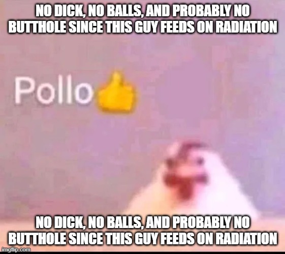 No dick, no balls, and probably no butthole since this guy feeds on radiation | NO DICK, NO BALLS, AND PROBABLY NO BUTTHOLE SINCE THIS GUY FEEDS ON RADIATION; NO DICK, NO BALLS, AND PROBABLY NO BUTTHOLE SINCE THIS GUY FEEDS ON RADIATION | image tagged in pollo | made w/ Imgflip meme maker