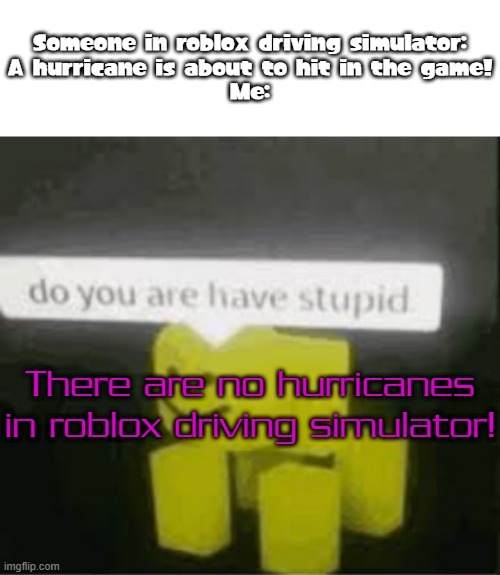Me when someone tells the players about a weather condition that is not in the game | Someone in roblox driving simulator:
A hurricane is about to hit in the game!
Me:; There are no hurricanes in roblox driving simulator! | image tagged in do you are have stupid,roblox,memes | made w/ Imgflip meme maker