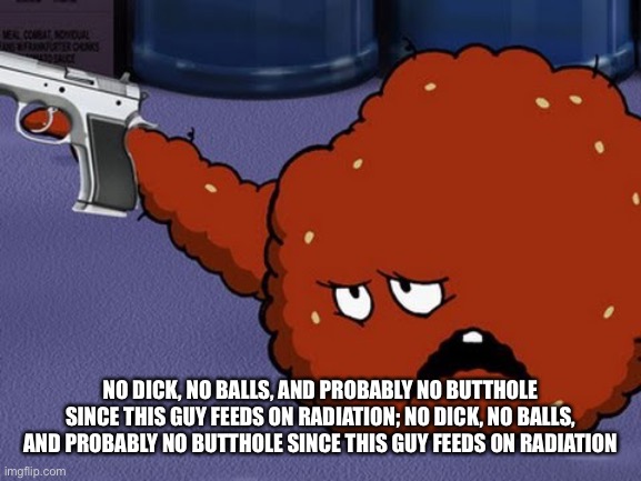 Meatwad with a gun | NO DICK, NO BALLS, AND PROBABLY NO BUTTHOLE SINCE THIS GUY FEEDS ON RADIATION; NO DICK, NO BALLS, AND PROBABLY NO BUTTHOLE SINCE THIS GUY FEEDS ON RADIATION | image tagged in meatwad with a gun | made w/ Imgflip meme maker