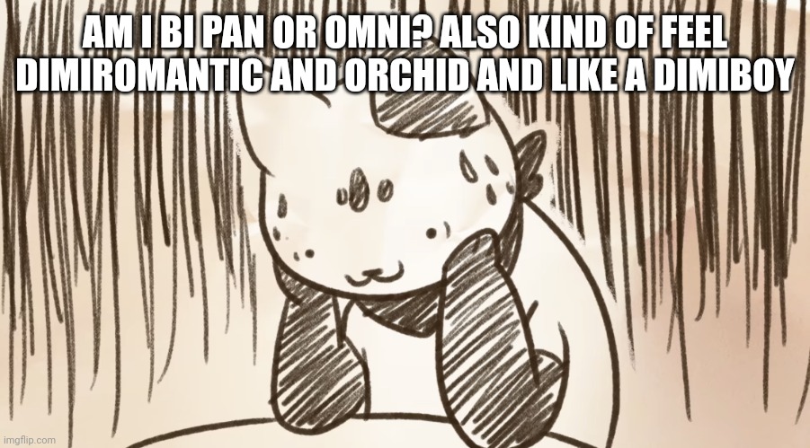 Weeee crisis | AM I BI PAN OR OMNI? ALSO KIND OF FEEL DIMIROMANTIC AND ORCHID AND LIKE A DIMIBOY | image tagged in chipflake questioning life | made w/ Imgflip meme maker