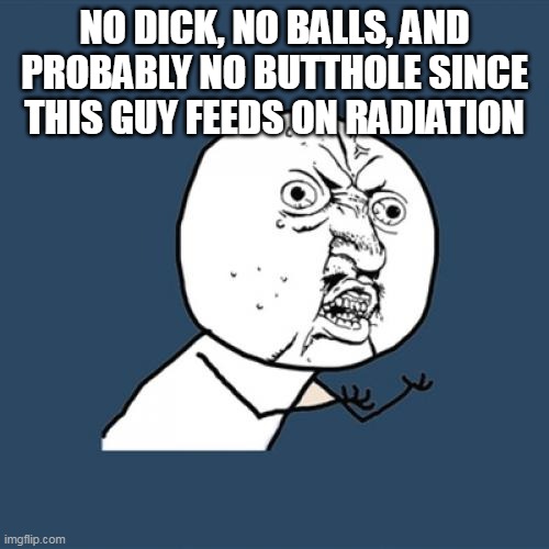 Y U No | NO DICK, NO BALLS, AND PROBABLY NO BUTTHOLE SINCE THIS GUY FEEDS ON RADIATION | image tagged in memes,y u no | made w/ Imgflip meme maker