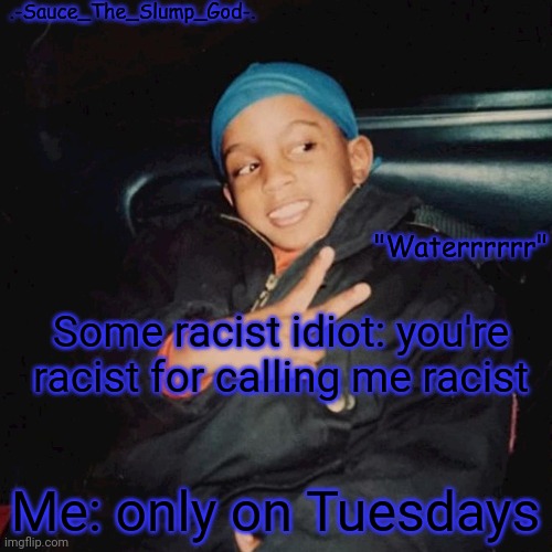 Repost because yet again it got buried | Some racist idiot: you're racist for calling me racist; Me: only on Tuesdays | image tagged in e | made w/ Imgflip meme maker