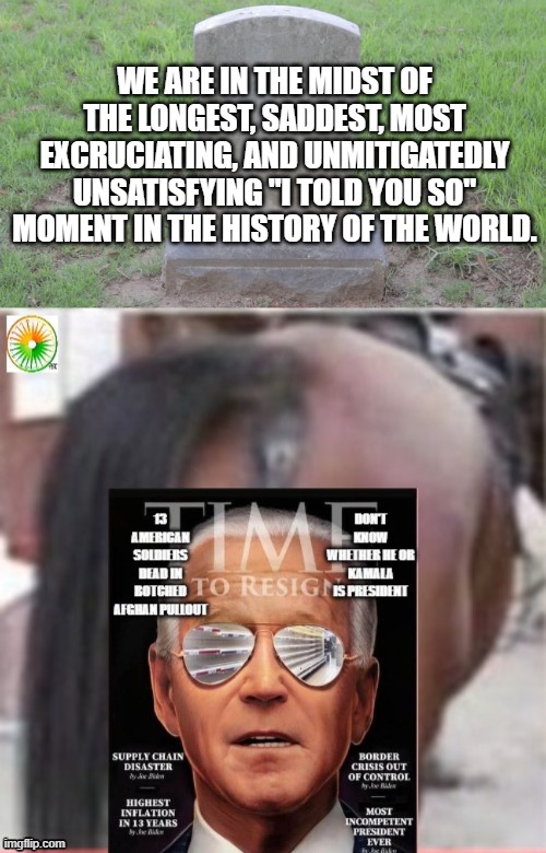 politics | WE ARE IN THE MIDST OF THE LONGEST, SADDEST, MOST EXCRUCIATING, AND UNMITIGATEDLY UNSATISFYING "I TOLD YOU SO" MOMENT IN THE HISTORY OF THE WORLD. | image tagged in political meme | made w/ Imgflip meme maker