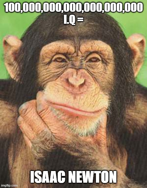 ITZ CALLED A BRAIN | 100,000,000,000,000,000,000 I.Q =; ISAAC NEWTON | image tagged in chimpanzee thinking | made w/ Imgflip meme maker