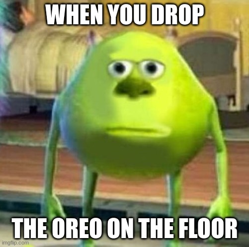 oreo | WHEN YOU DROP; THE OREO ON THE FLOOR | image tagged in mike wasowski sully face swap | made w/ Imgflip meme maker