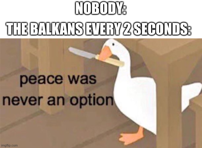 The Balkans be like | NOBODY:; THE BALKANS EVERY 2 SECONDS: | image tagged in untitled goose peace was never an option | made w/ Imgflip meme maker
