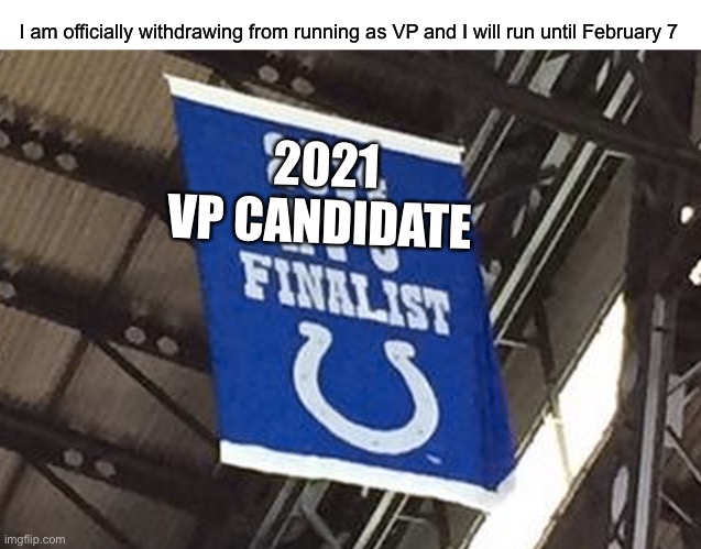 I am officially withdrawing from running as VP and I will run until February 7; 2021
VP CANDIDATE | made w/ Imgflip meme maker