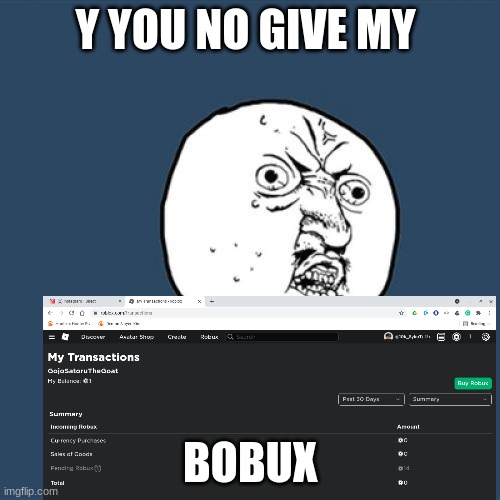 GIVE ME | Y YOU NO GIVE MY; BOBUX | image tagged in memes,y u no | made w/ Imgflip meme maker
