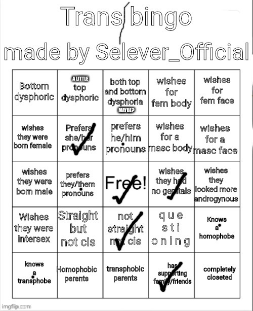 Trans Bingo | A LITTLE; MAYBE? | image tagged in trans bingo | made w/ Imgflip meme maker