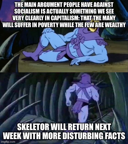 Irony | THE MAIN ARGUMENT PEOPLE HAVE AGAINST SOCIALISM IS ACTUALLY SOMETHING WE SEE VERY CLEARLY IN CAPITALISM: THAT THE MANY WILL SUFFER IN POVERTY WHILE THE FEW ARE WEALTHY; SKELETOR WILL RETURN NEXT WEEK WITH MORE DISTURBING FACTS | image tagged in skeletor disturbing facts | made w/ Imgflip meme maker