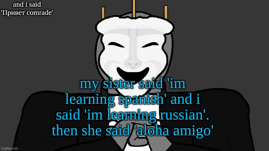 lmao | and i said 'Привет comrade'; my sister said 'im learning spanish' and i said 'im learning russian'. then she said 'aloha amigo' | image tagged in msmg | made w/ Imgflip meme maker