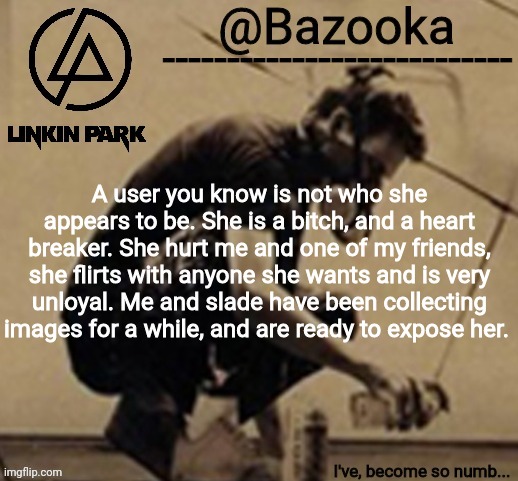 Slade (soap) will reveal who the user is | A user you know is not who she appears to be. She is a bitch, and a heart breaker. She hurt me and one of my friends, she flirts with anyone she wants and is very unloyal. Me and slade have been collecting images for a while, and are ready to expose her. | image tagged in linkin park temp | made w/ Imgflip meme maker