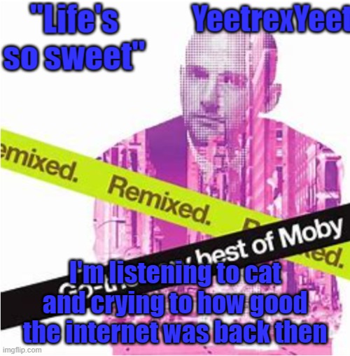 Moby 3.0 | I'm listening to cat and crying to how good the internet was back then | image tagged in moby 3 0 | made w/ Imgflip meme maker